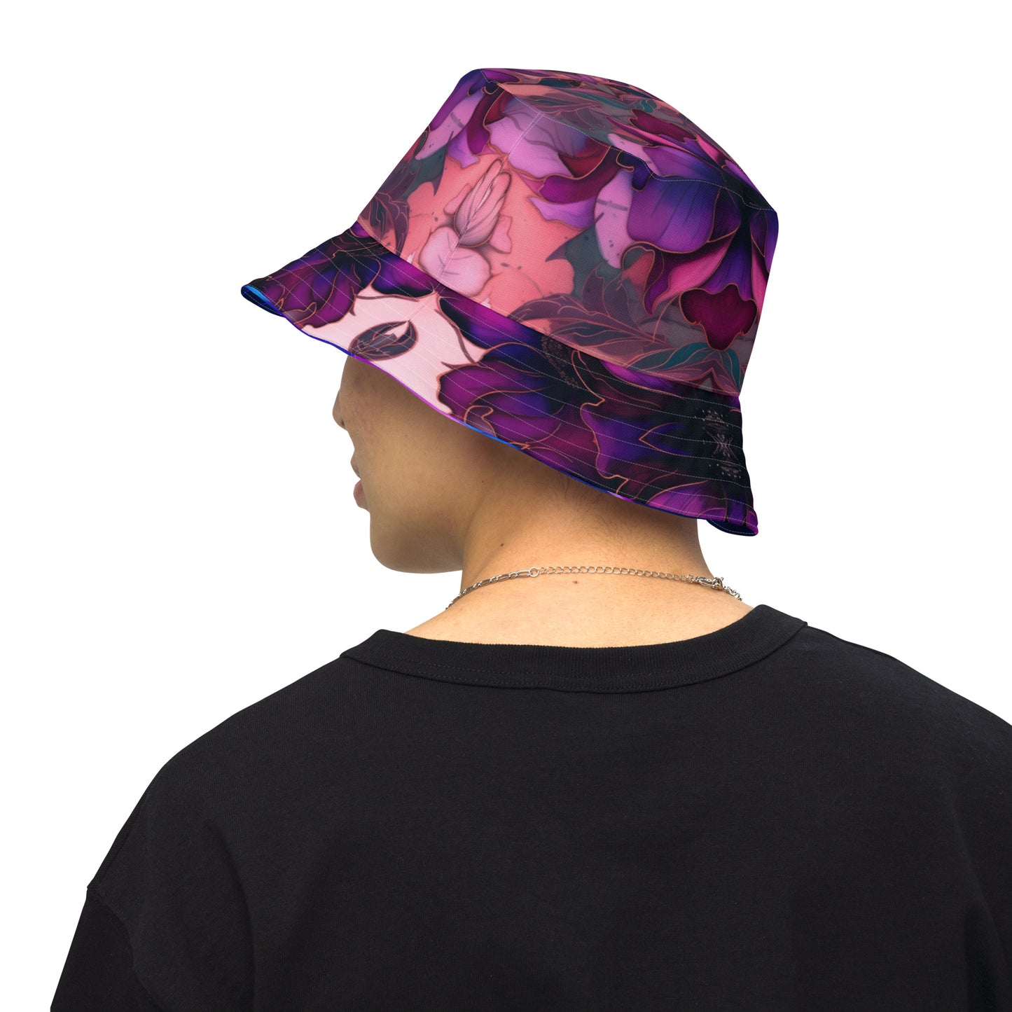 PINK FLORAL/NEON PURPLE PINK PALMS Reversible bucket hat