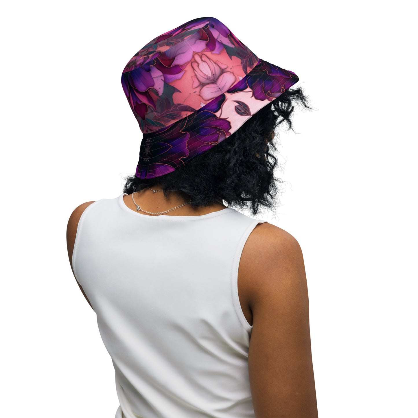 PINK FLORAL/NEON PURPLE PINK PALMS Reversible bucket hat