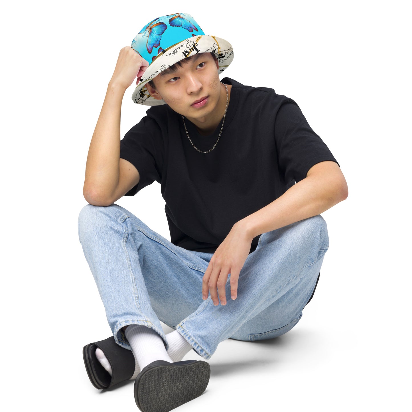 BLUE BUTTERFLY/JUST BREATHE Reversible bucket hat