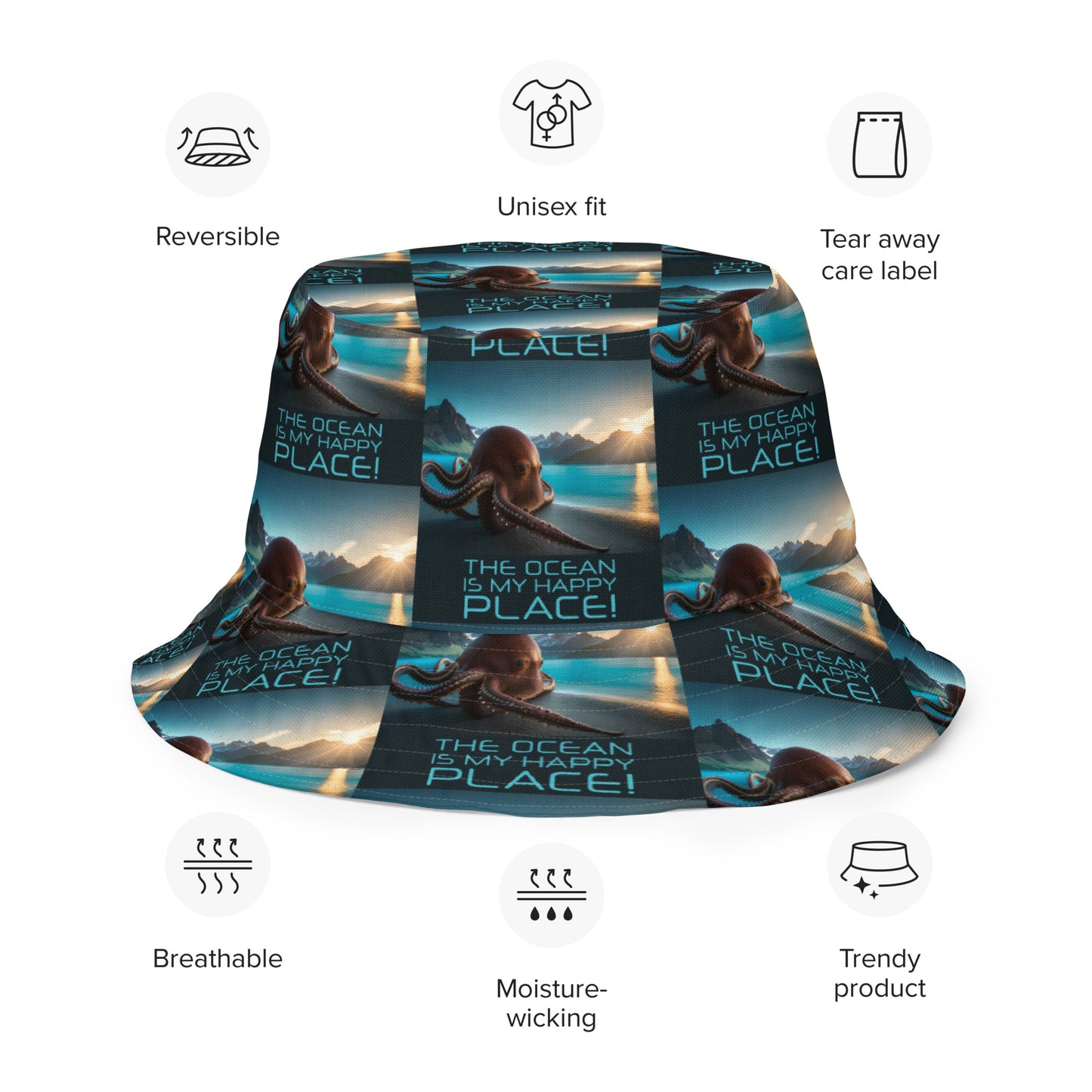 OCTOPUS/OCEAN IS MY HAPPY PLACE Reversible bucket hat