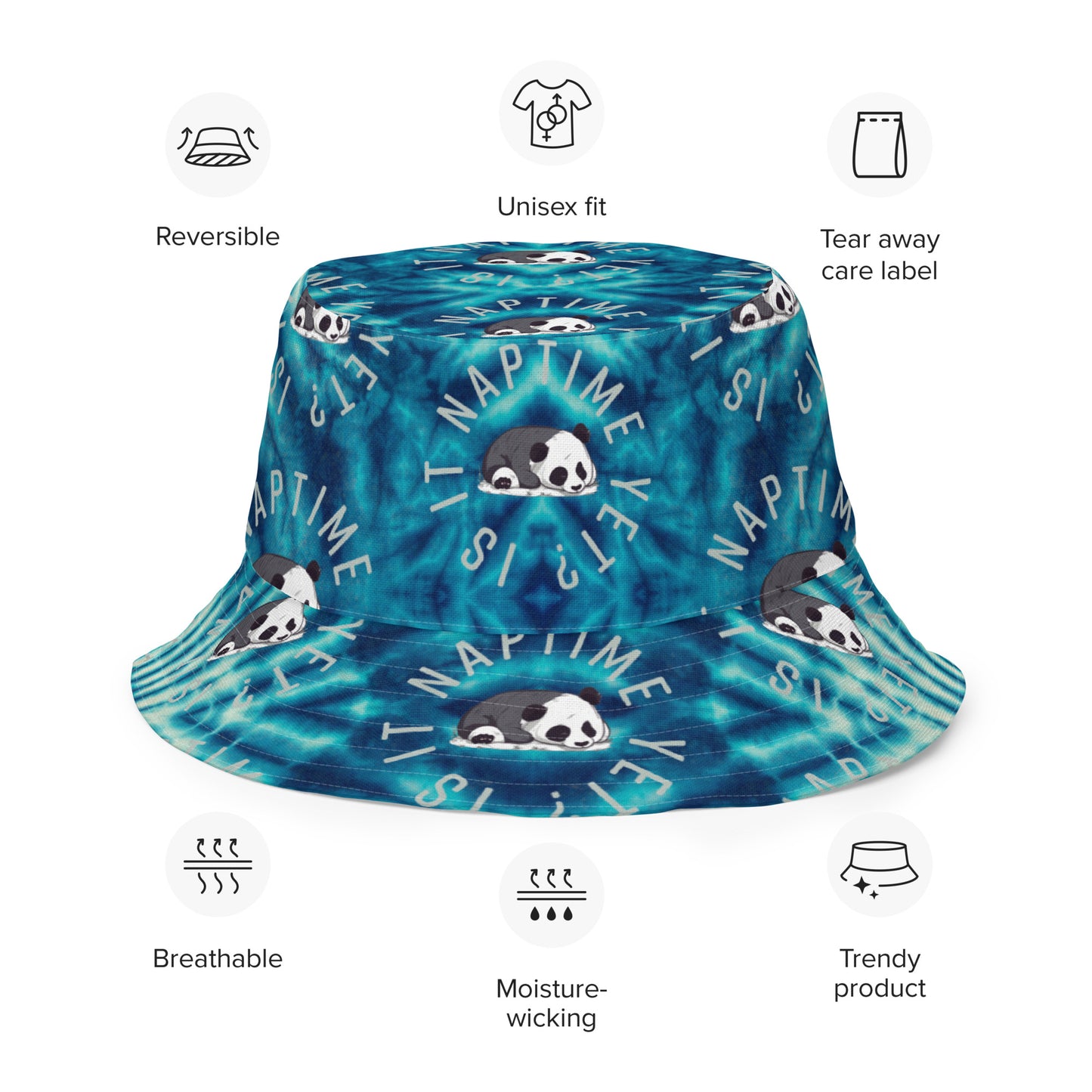 ADORABLE PANDA BEAR & TIE DYE BLUES Reversible bucket hat