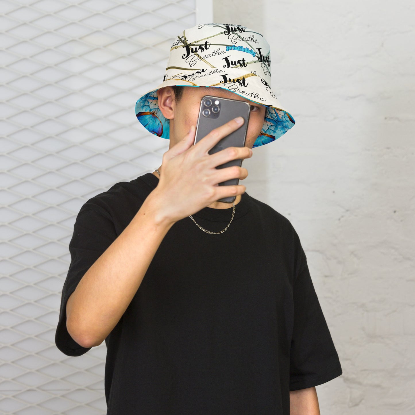 BLUE BUTTERFLY/JUST BREATHE Reversible bucket hat