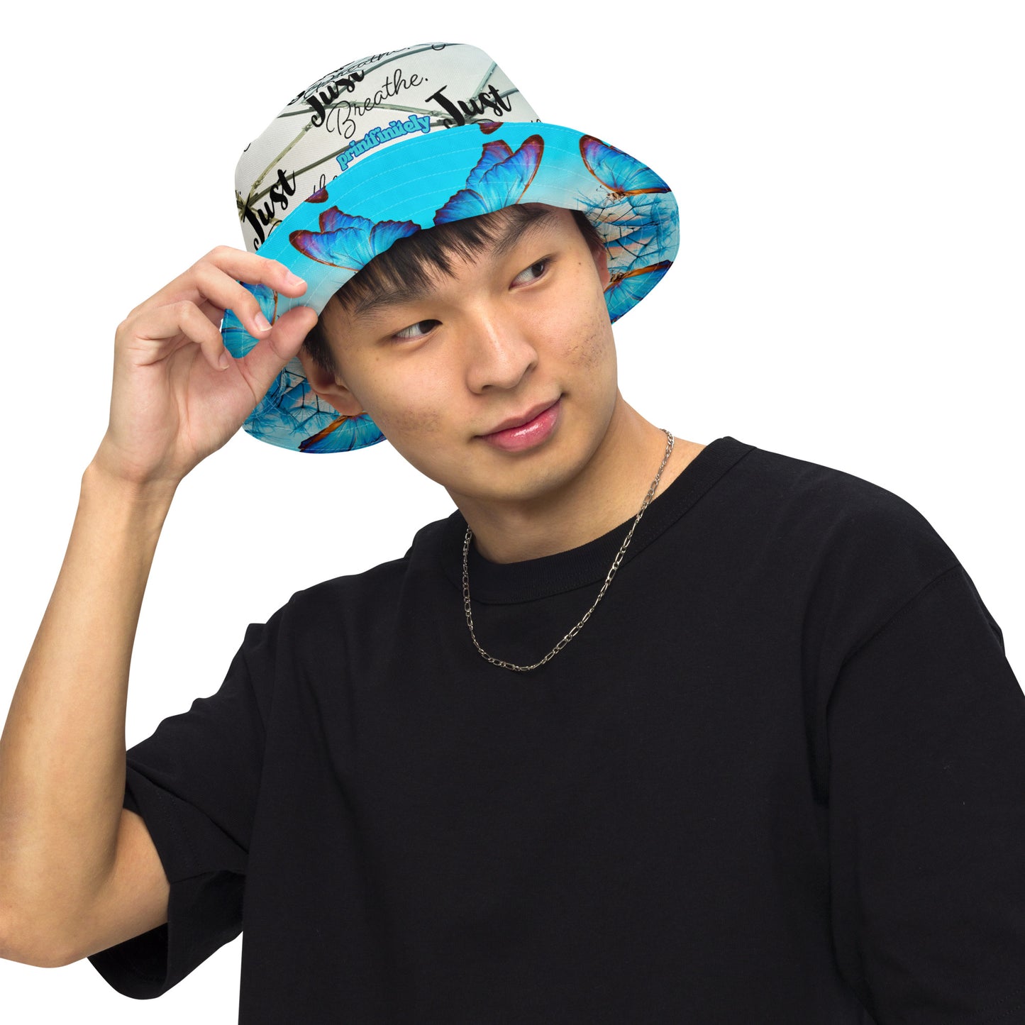 BLUE BUTTERFLY/JUST BREATHE Reversible bucket hat