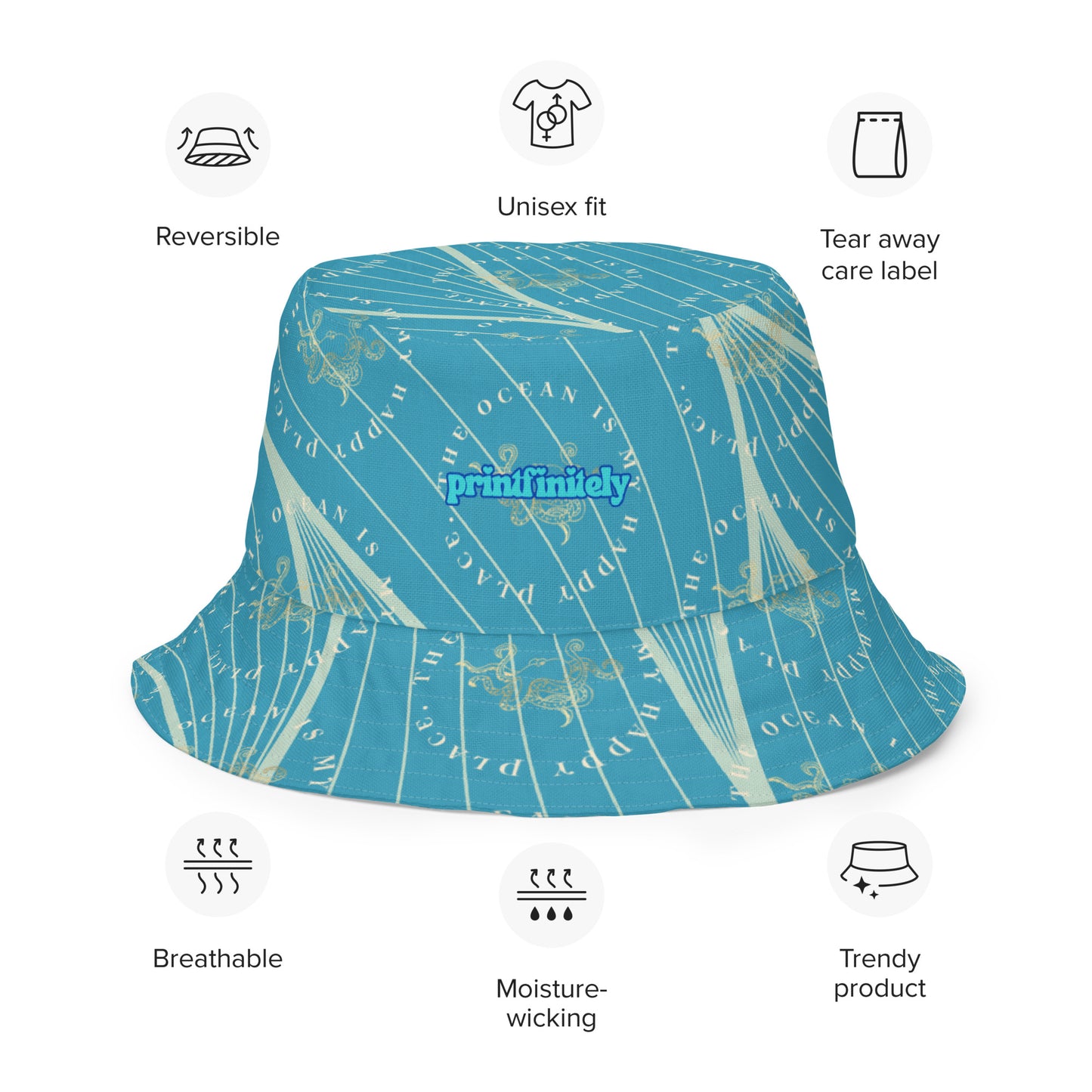 OCTOPUS/OCEAN IS MY HAPPY PLACE Reversible bucket hat