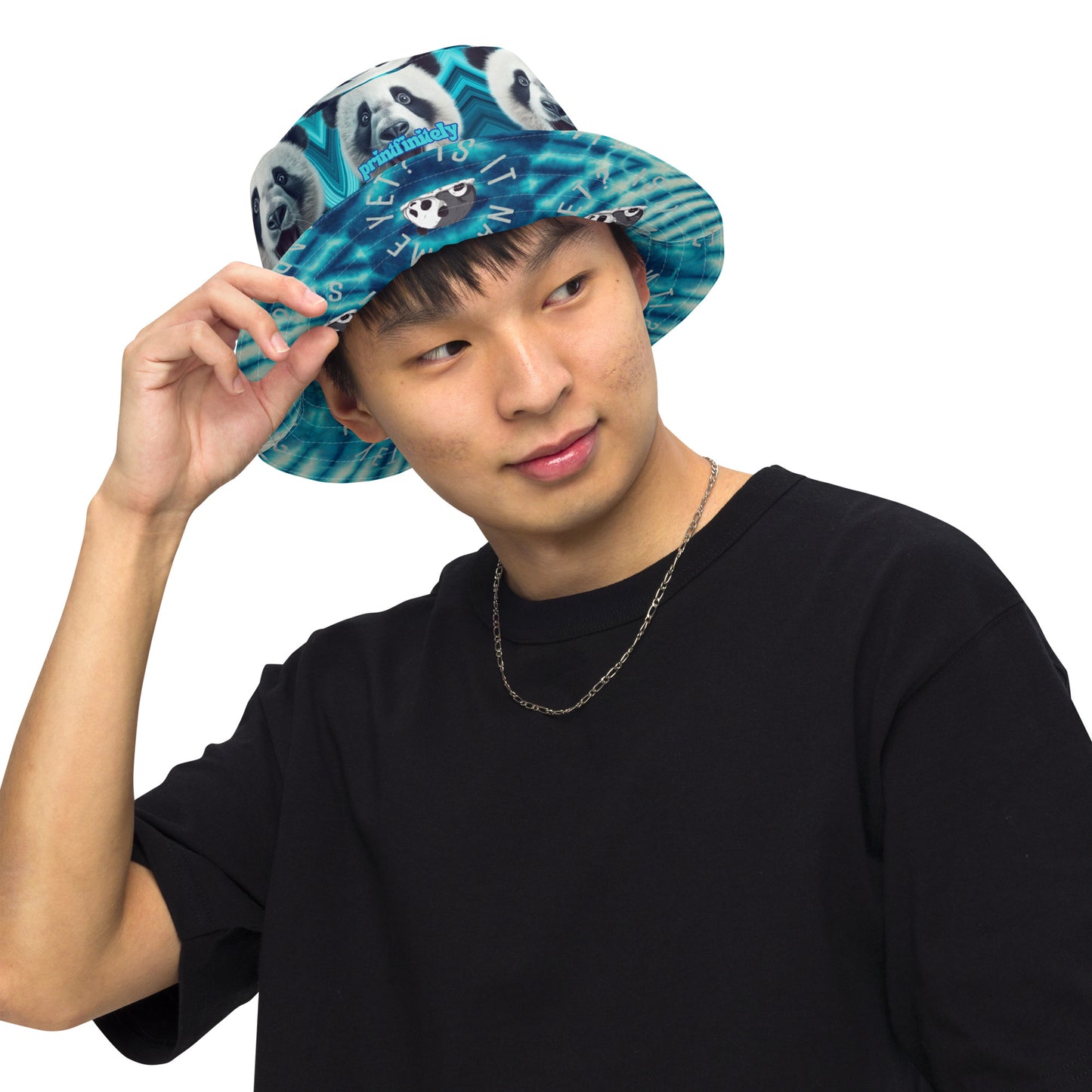 ADORABLE PANDA BEAR & TIE DYE BLUES Reversible bucket hat