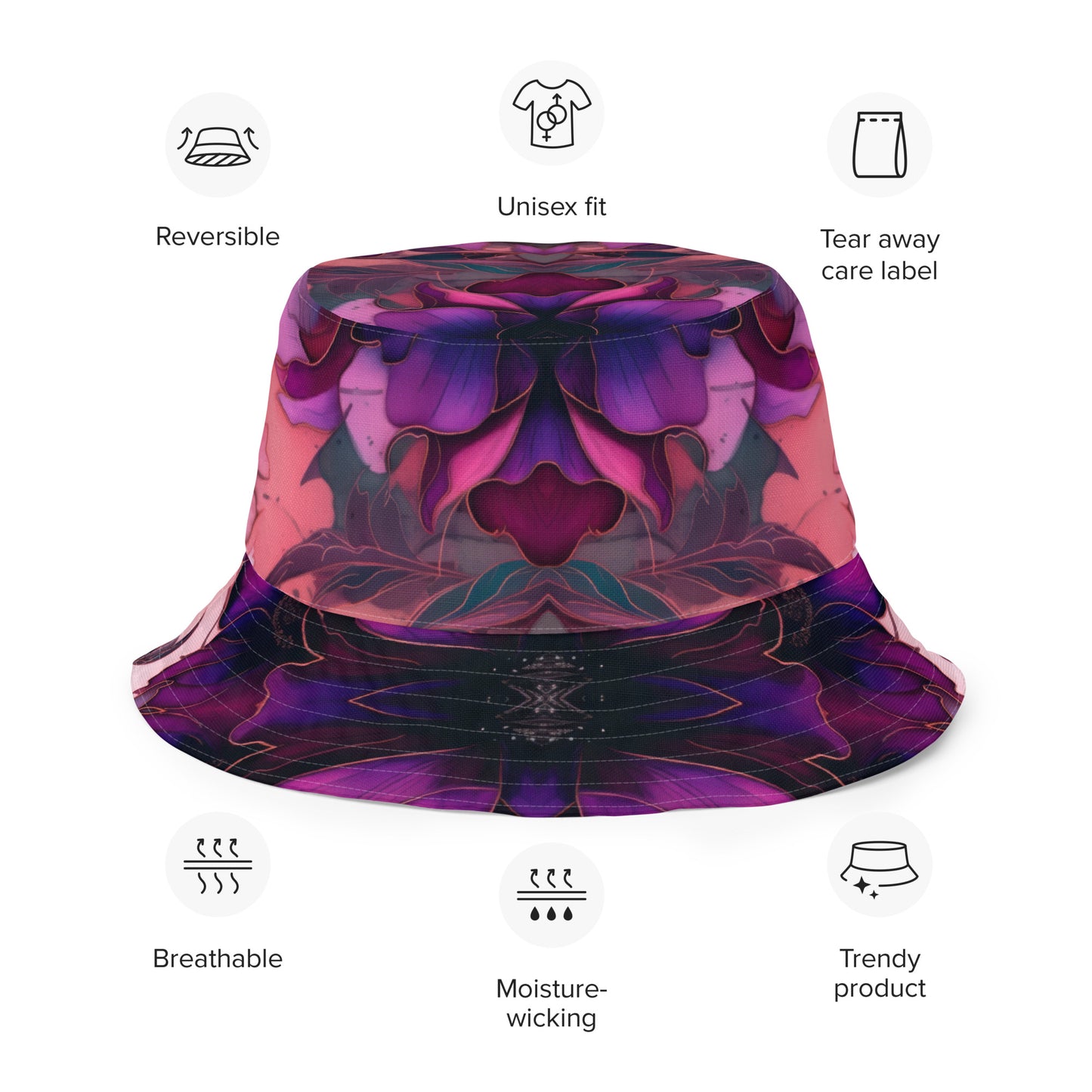 PINK FLORAL/NEON PURPLE PINK PALMS Reversible bucket hat