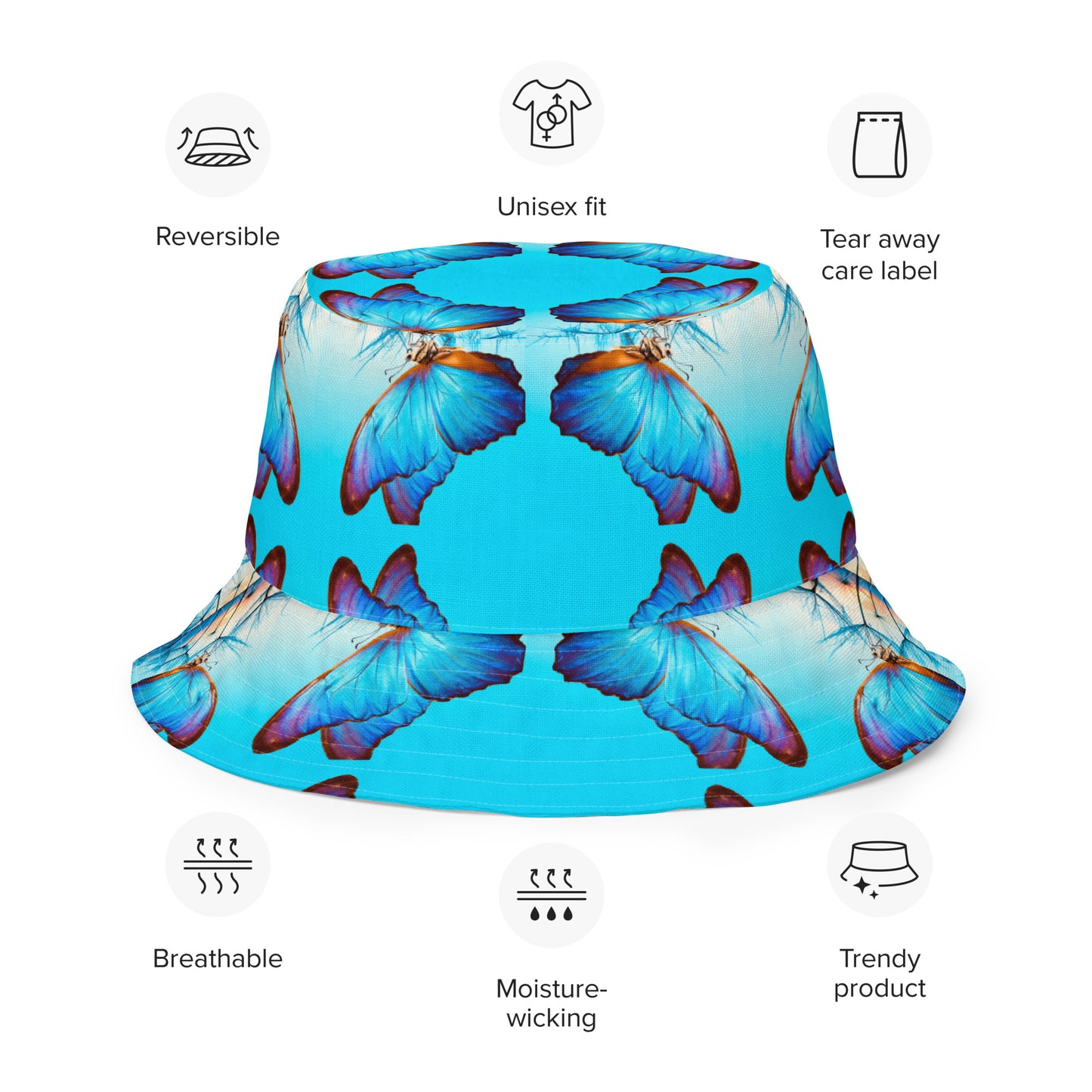 BLUE BUTTERFLY/JUST BREATHE Reversible bucket hat