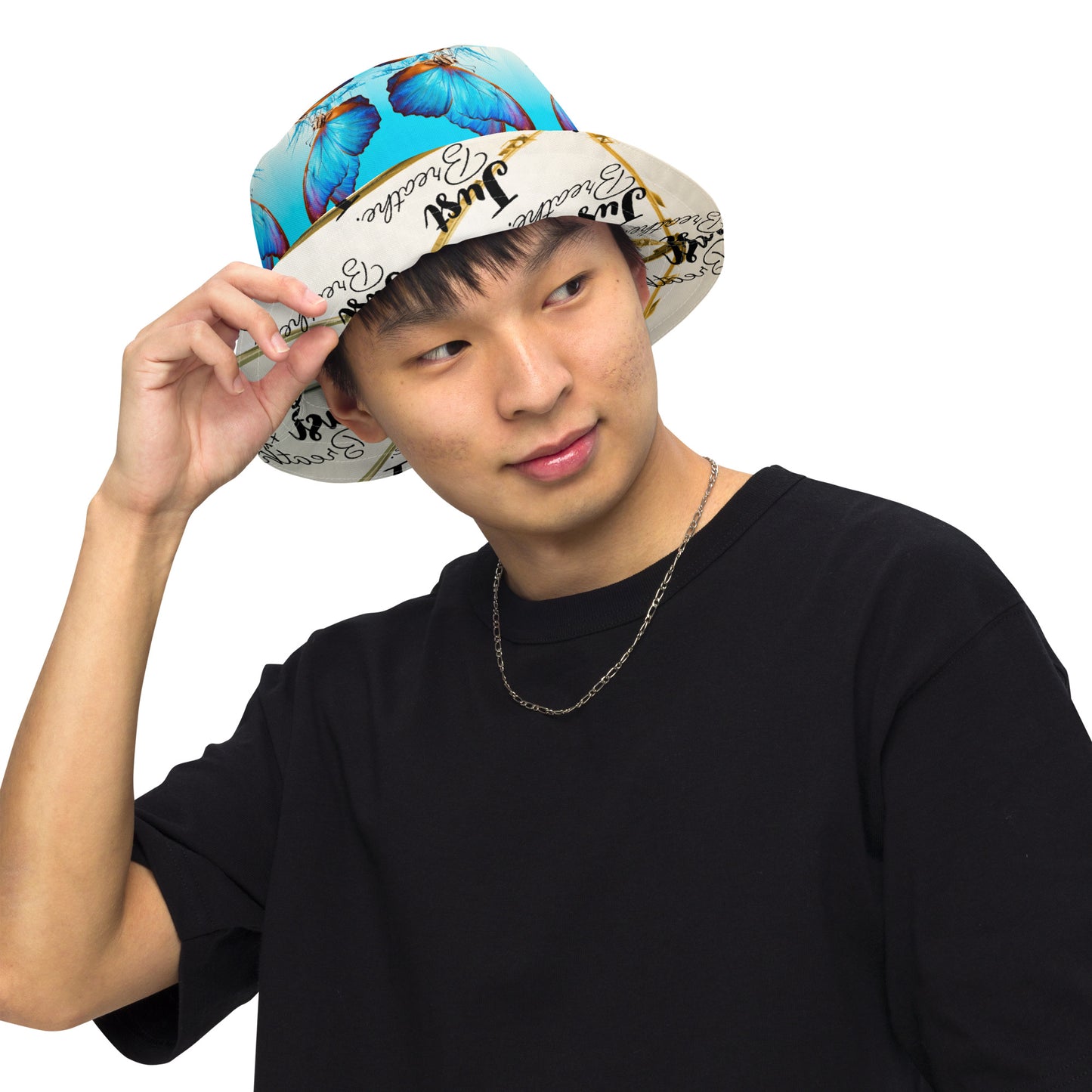 BLUE BUTTERFLY/JUST BREATHE Reversible bucket hat