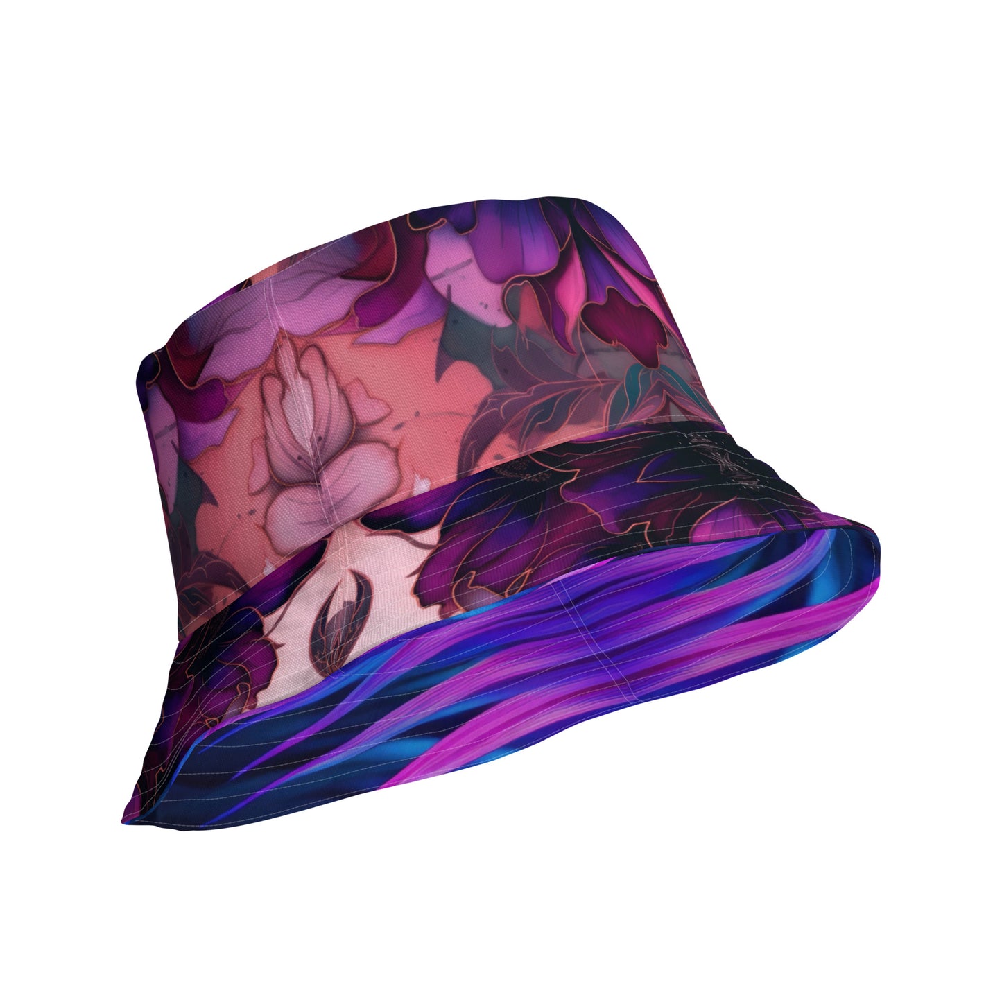 PINK FLORAL/NEON PURPLE PINK PALMS Reversible bucket hat