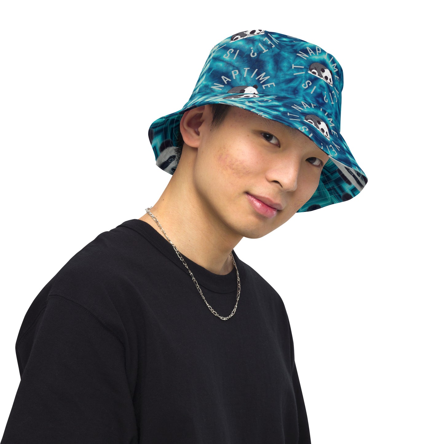 ADORABLE PANDA BEAR & TIE DYE BLUES Reversible bucket hat