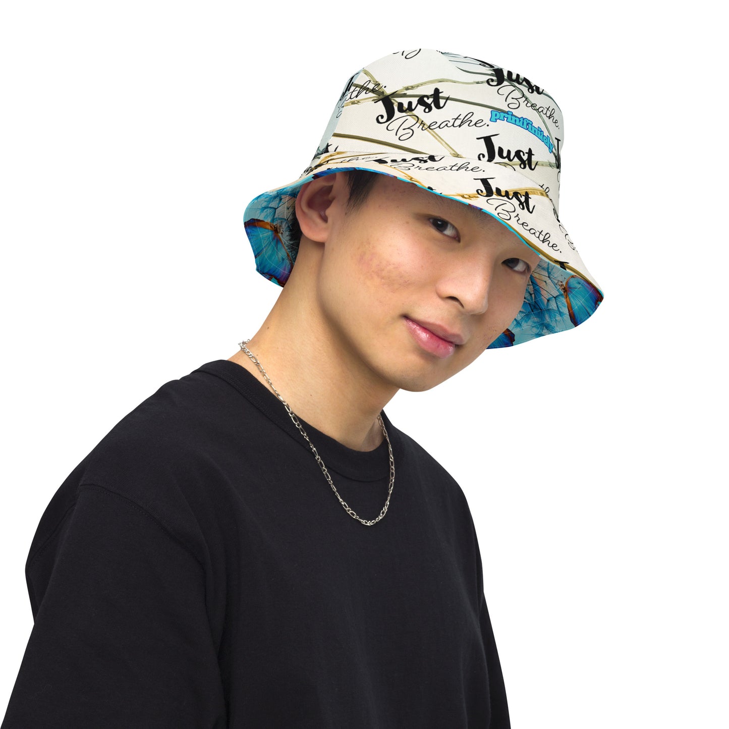 BLUE BUTTERFLY/JUST BREATHE Reversible bucket hat