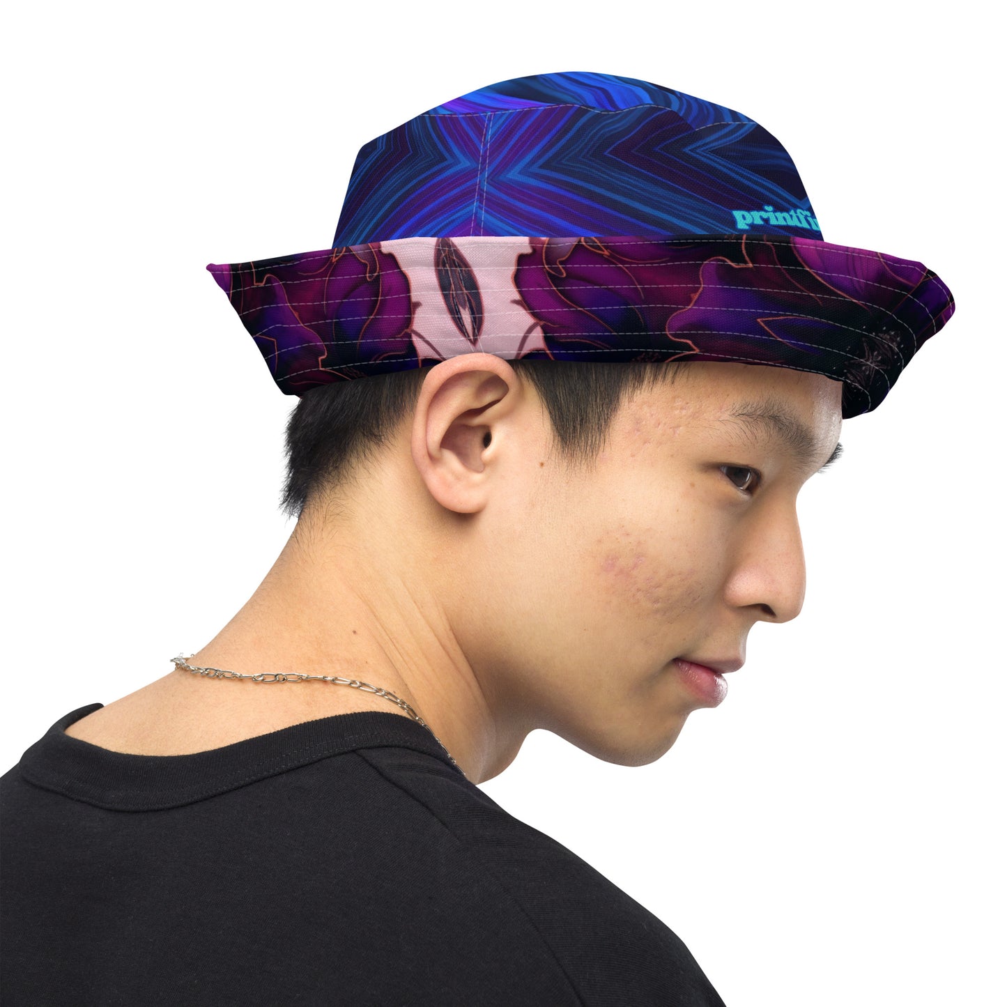 PINK FLORAL/NEON PURPLE PINK PALMS Reversible bucket hat