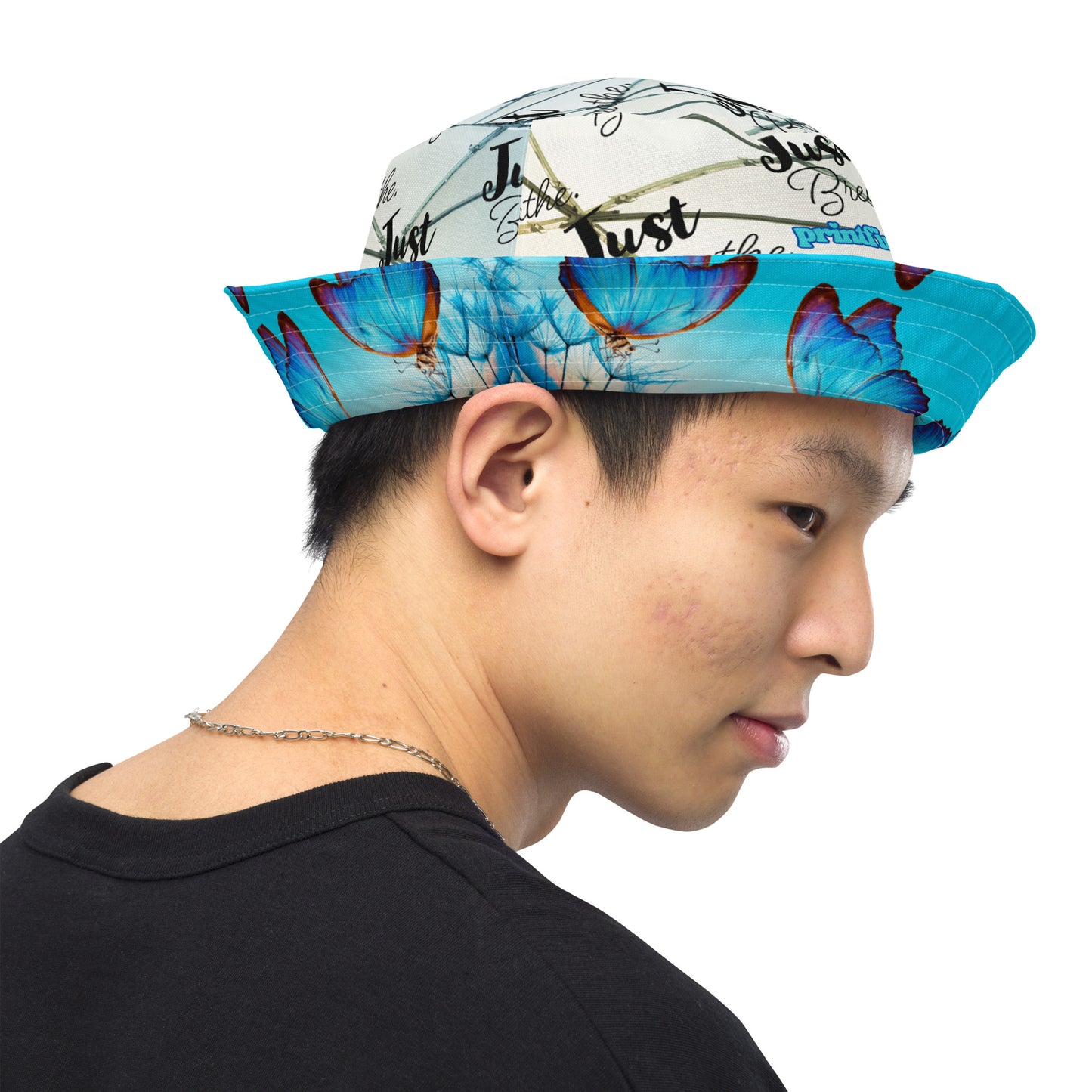 BLUE BUTTERFLY/JUST BREATHE Reversible bucket hat