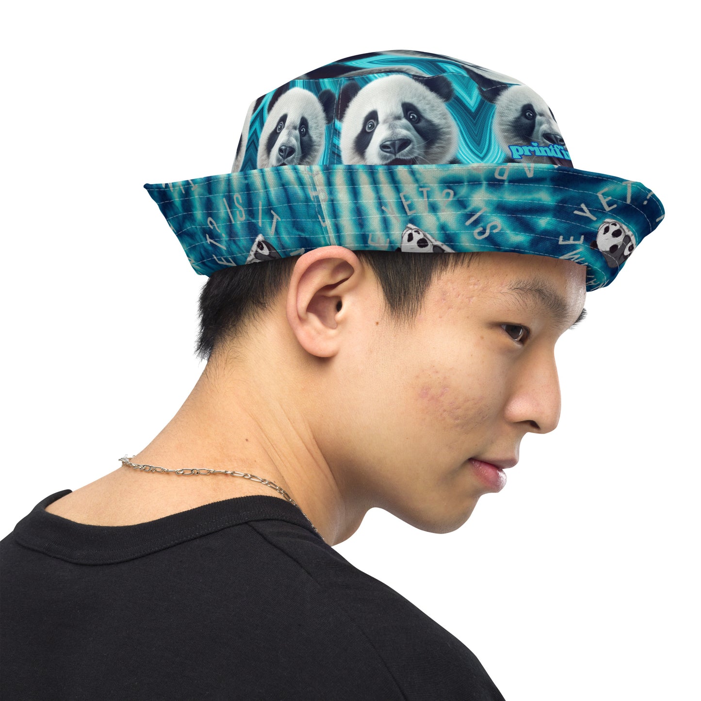 ADORABLE PANDA BEAR & TIE DYE BLUES Reversible bucket hat