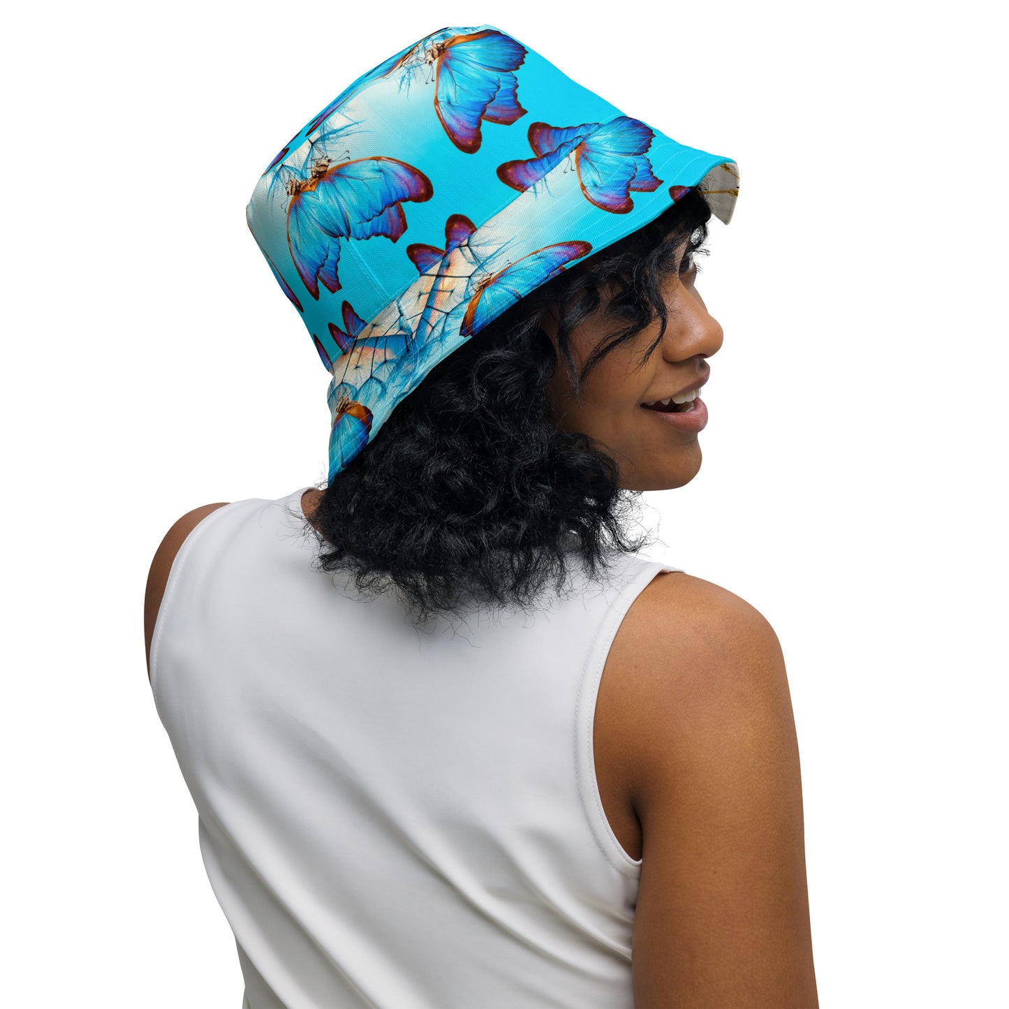 BLUE BUTTERFLY/JUST BREATHE Reversible bucket hat