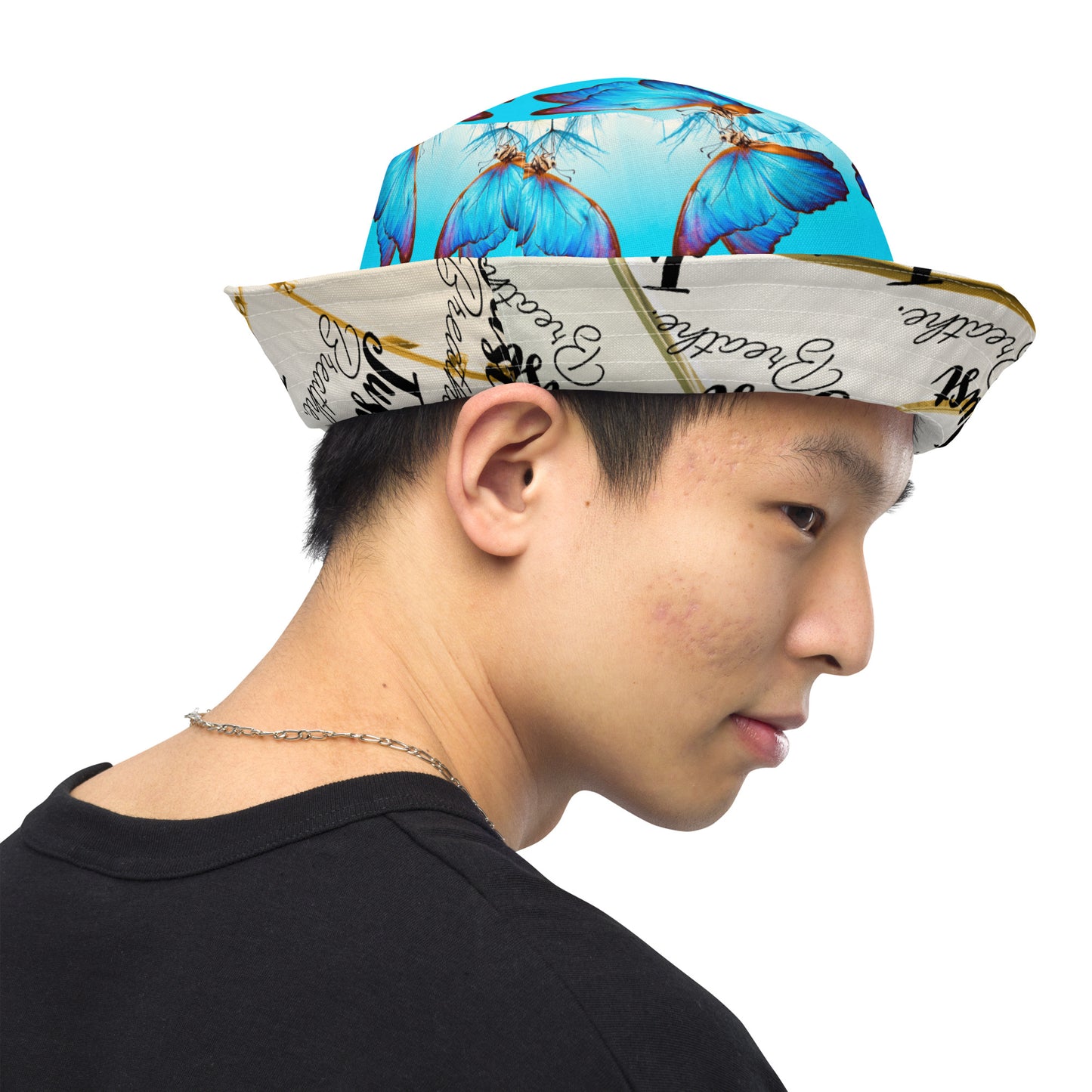 BLUE BUTTERFLY/JUST BREATHE Reversible bucket hat