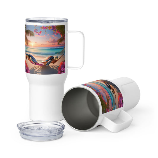 DOUBLE SEA TURTLES IN HAMMOCKS Travel mug with a handle