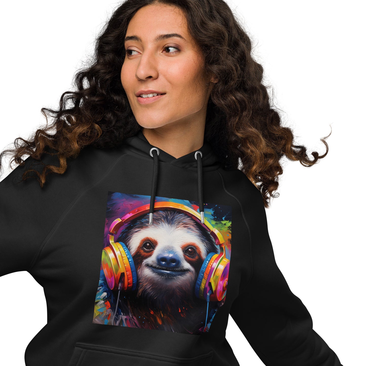 Sloth Earphones Unisex eco raglan hoodie