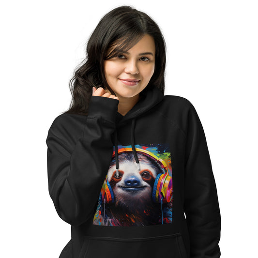 Sloth Earphones Unisex eco raglan hoodie