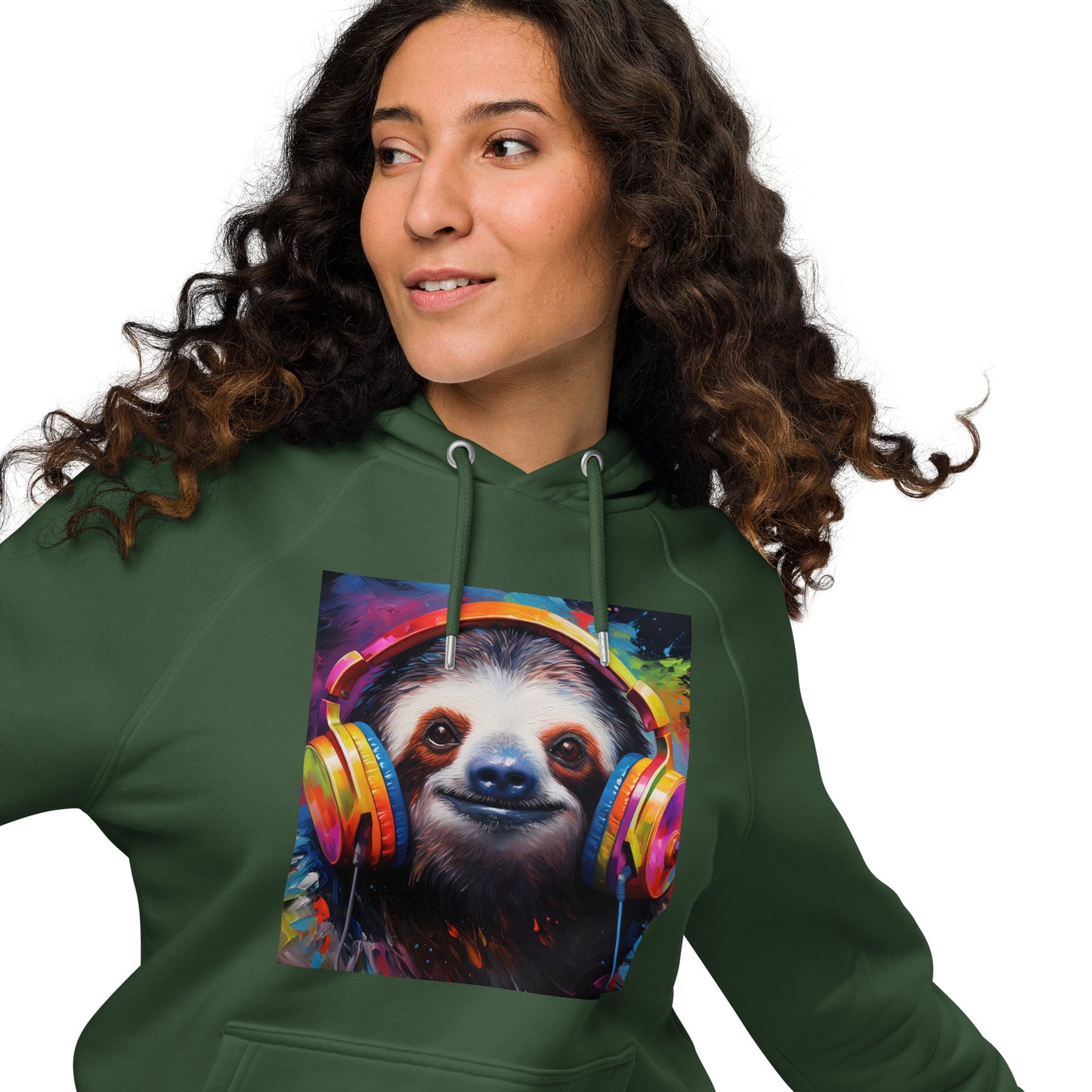 Sloth Earphones Unisex eco raglan hoodie