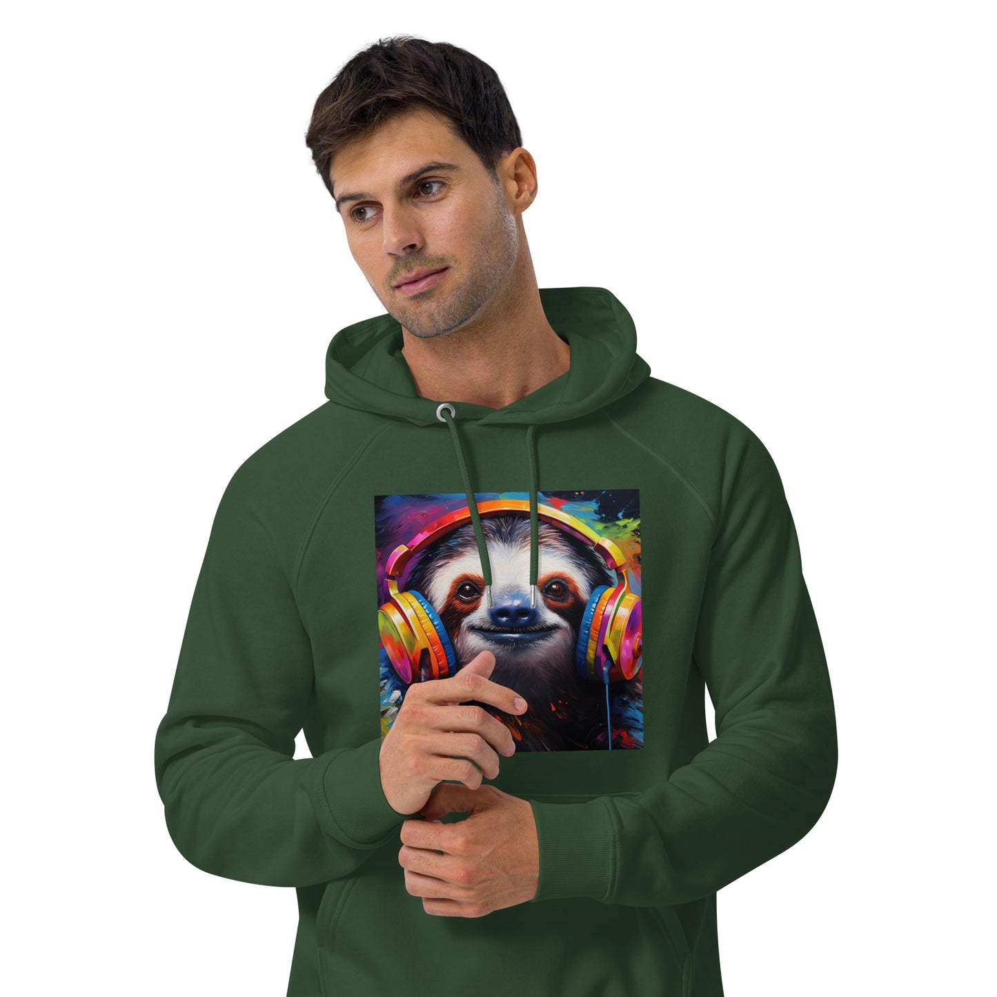 Sloth Earphones Unisex eco raglan hoodie