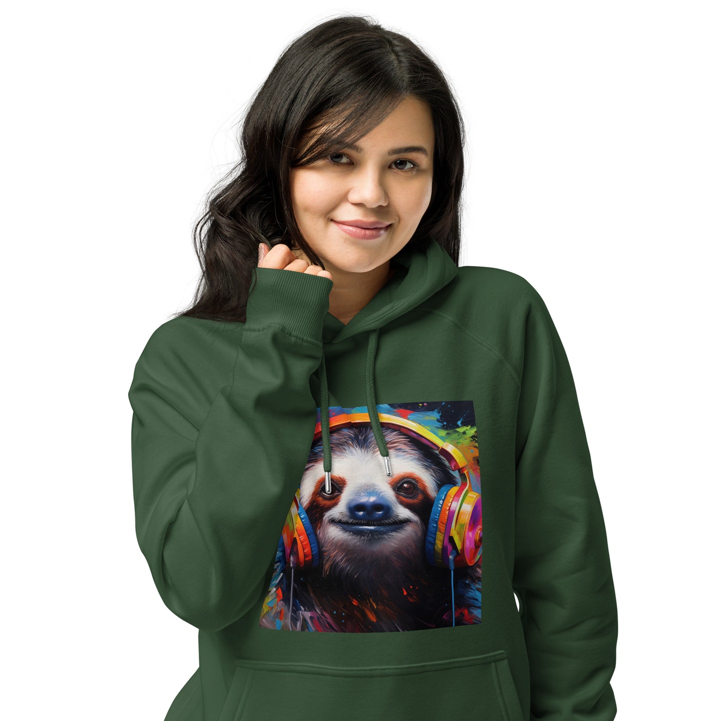 Sloth Earphones Unisex eco raglan hoodie