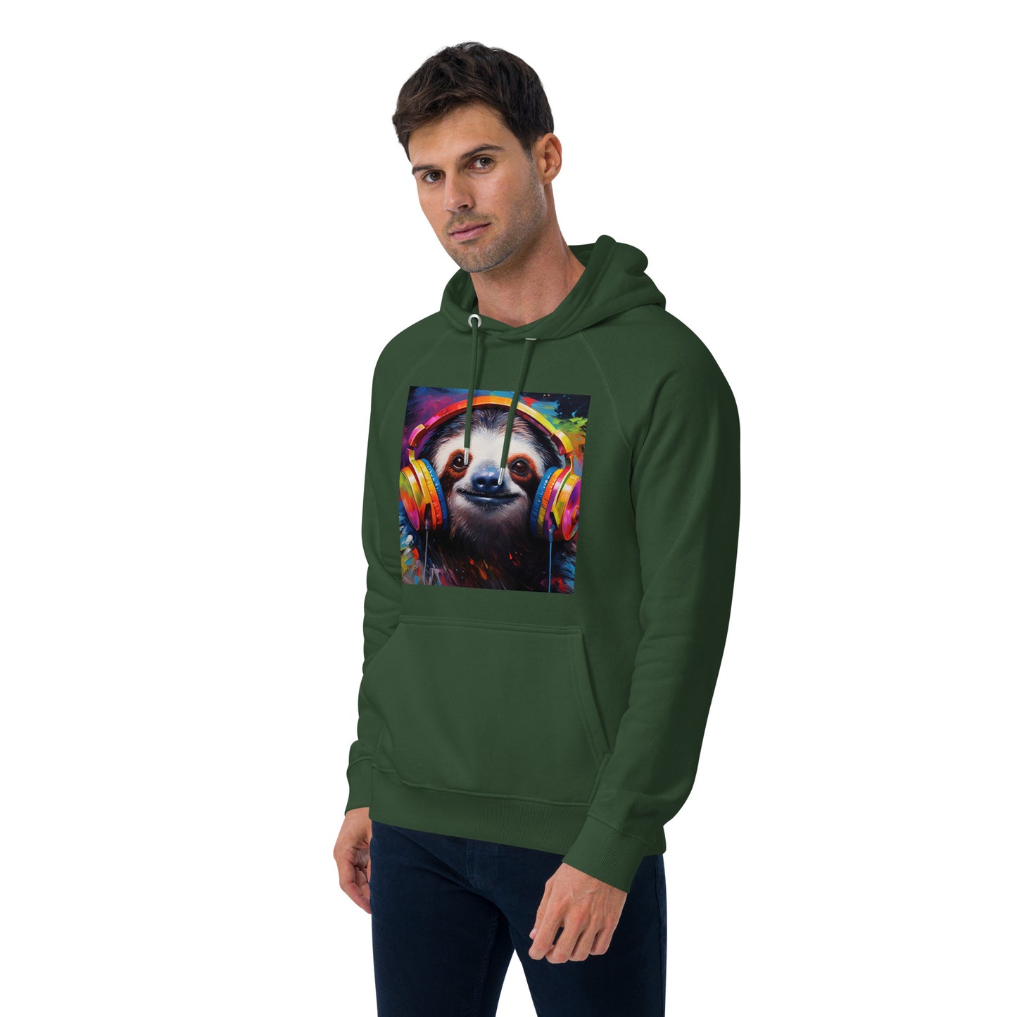 Sloth Earphones Unisex eco raglan hoodie