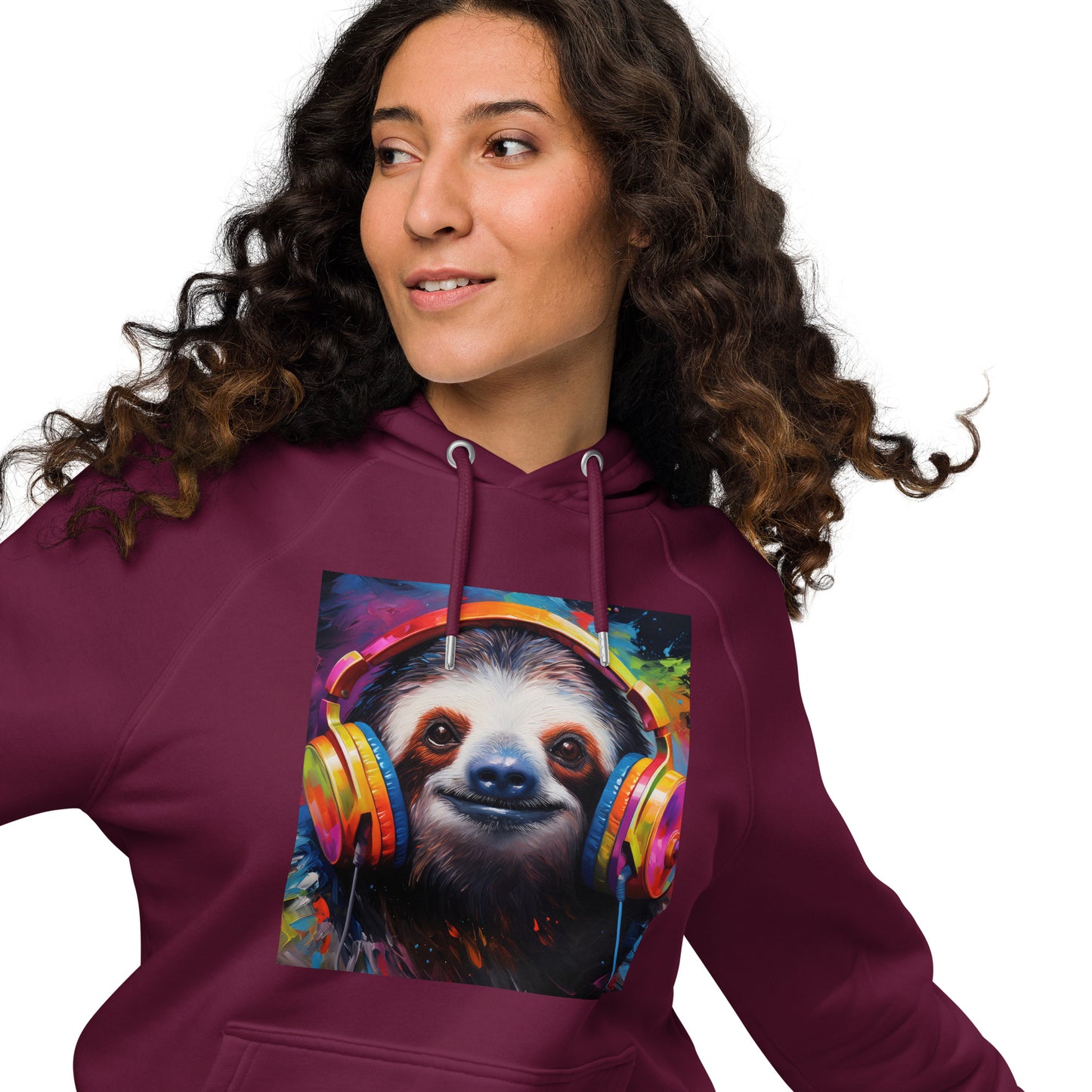 Sloth Earphones Unisex eco raglan hoodie