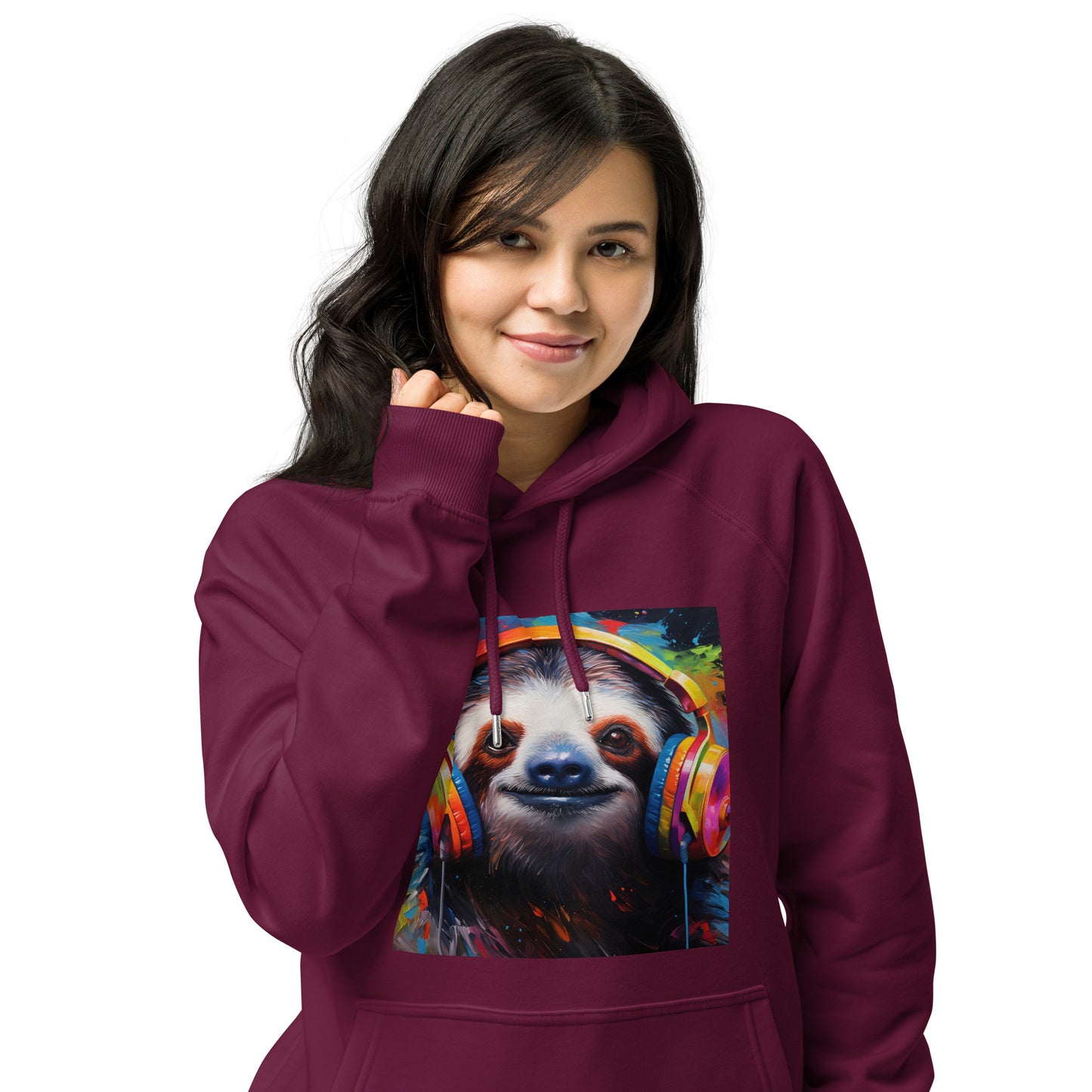 Sloth Earphones Unisex eco raglan hoodie