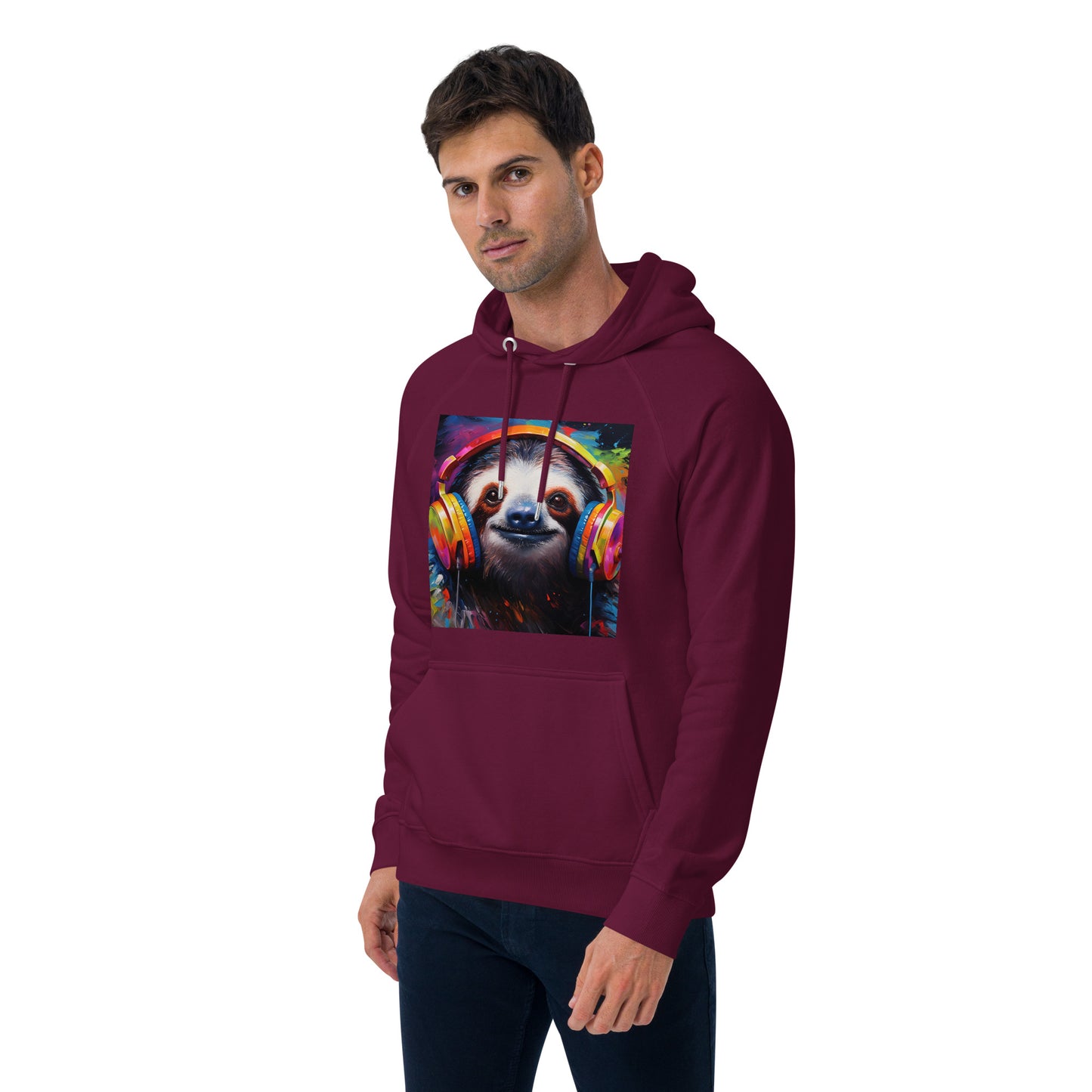 Sloth Earphones Unisex eco raglan hoodie