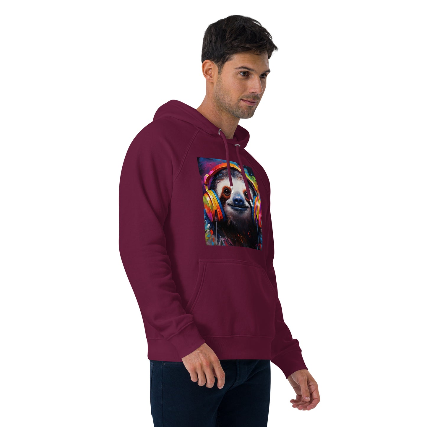 Sloth Earphones Unisex eco raglan hoodie