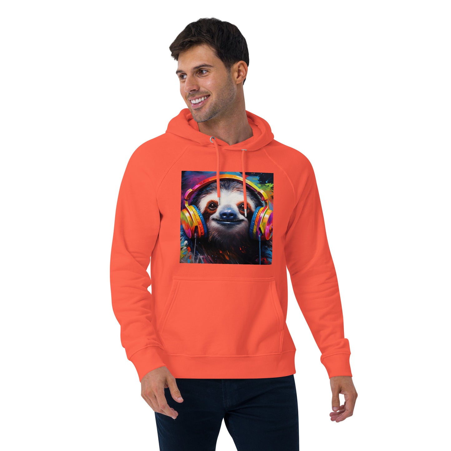 Sloth Earphones Unisex eco raglan hoodie