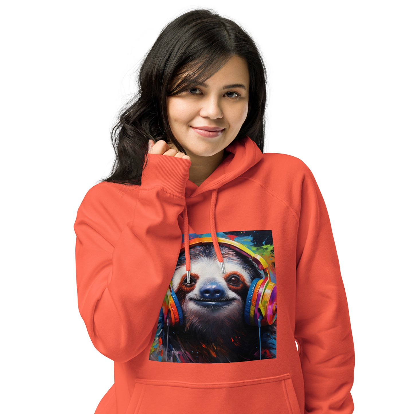 Sloth Earphones Unisex eco raglan hoodie