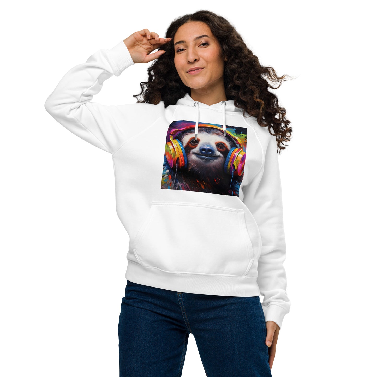 Sloth Earphones Unisex eco raglan hoodie