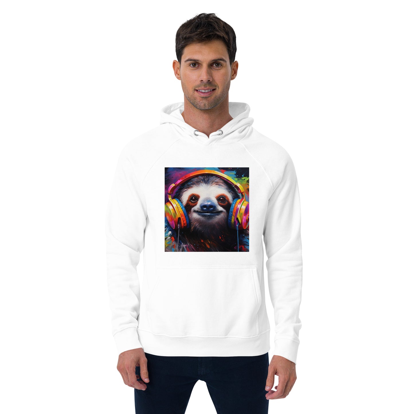 Sloth Earphones Unisex eco raglan hoodie