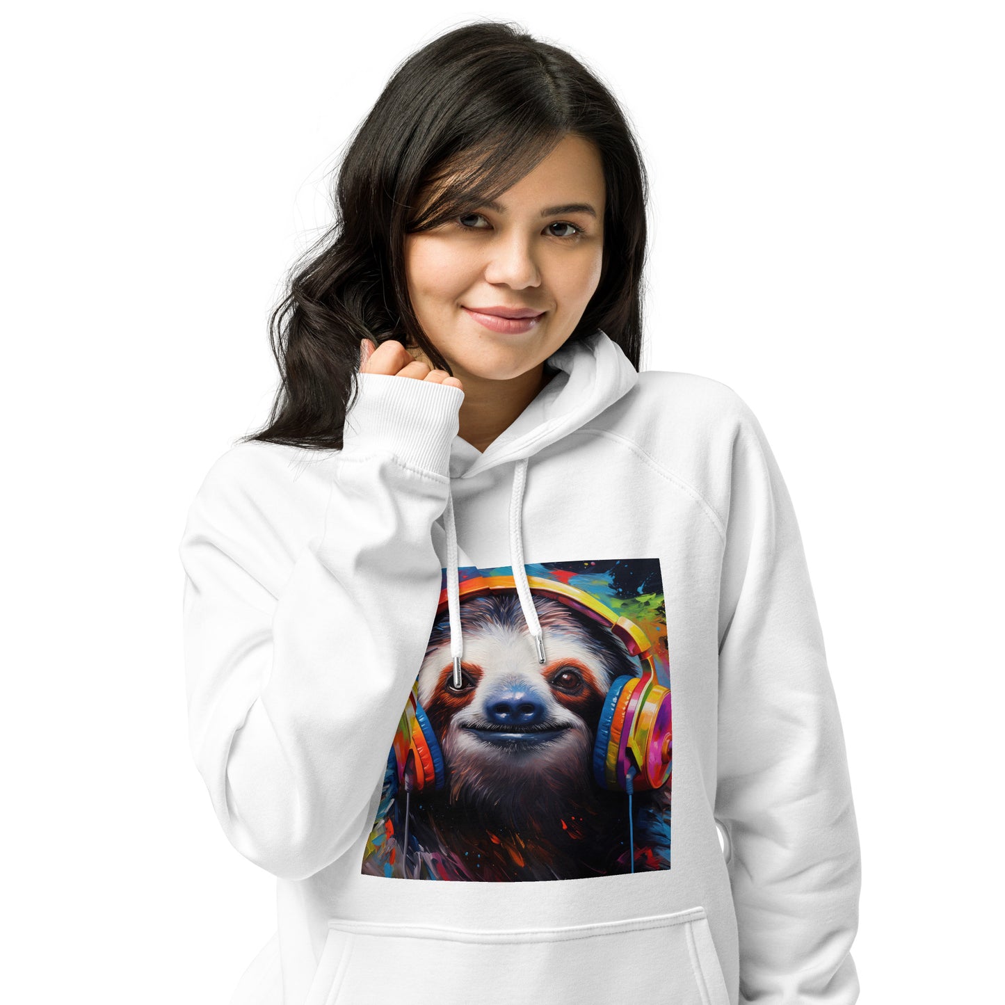 Sloth Earphones Unisex eco raglan hoodie