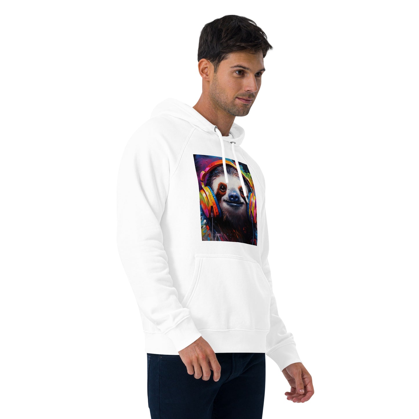 Sloth Earphones Unisex eco raglan hoodie