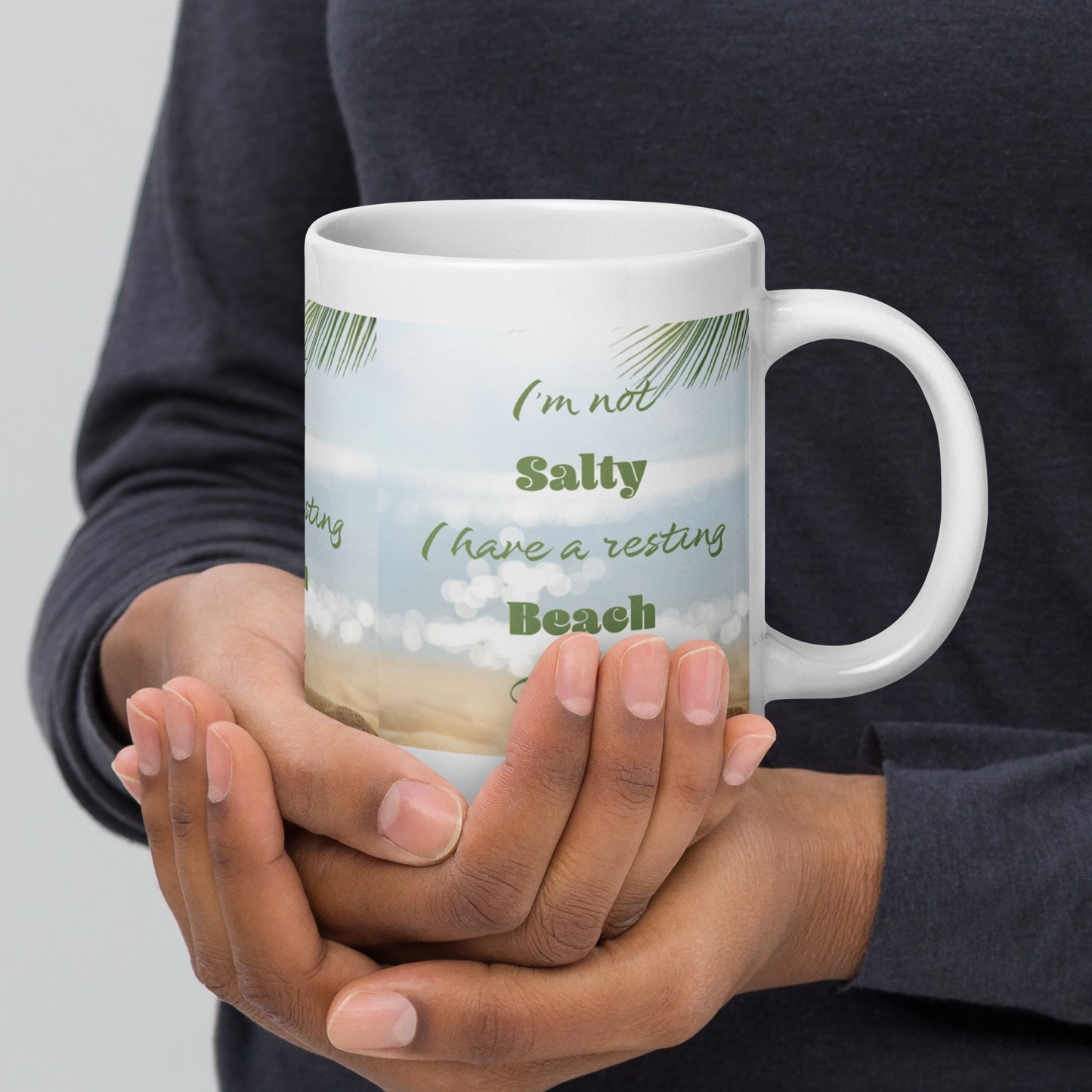 RESTING BEACH FACE White glossy mug